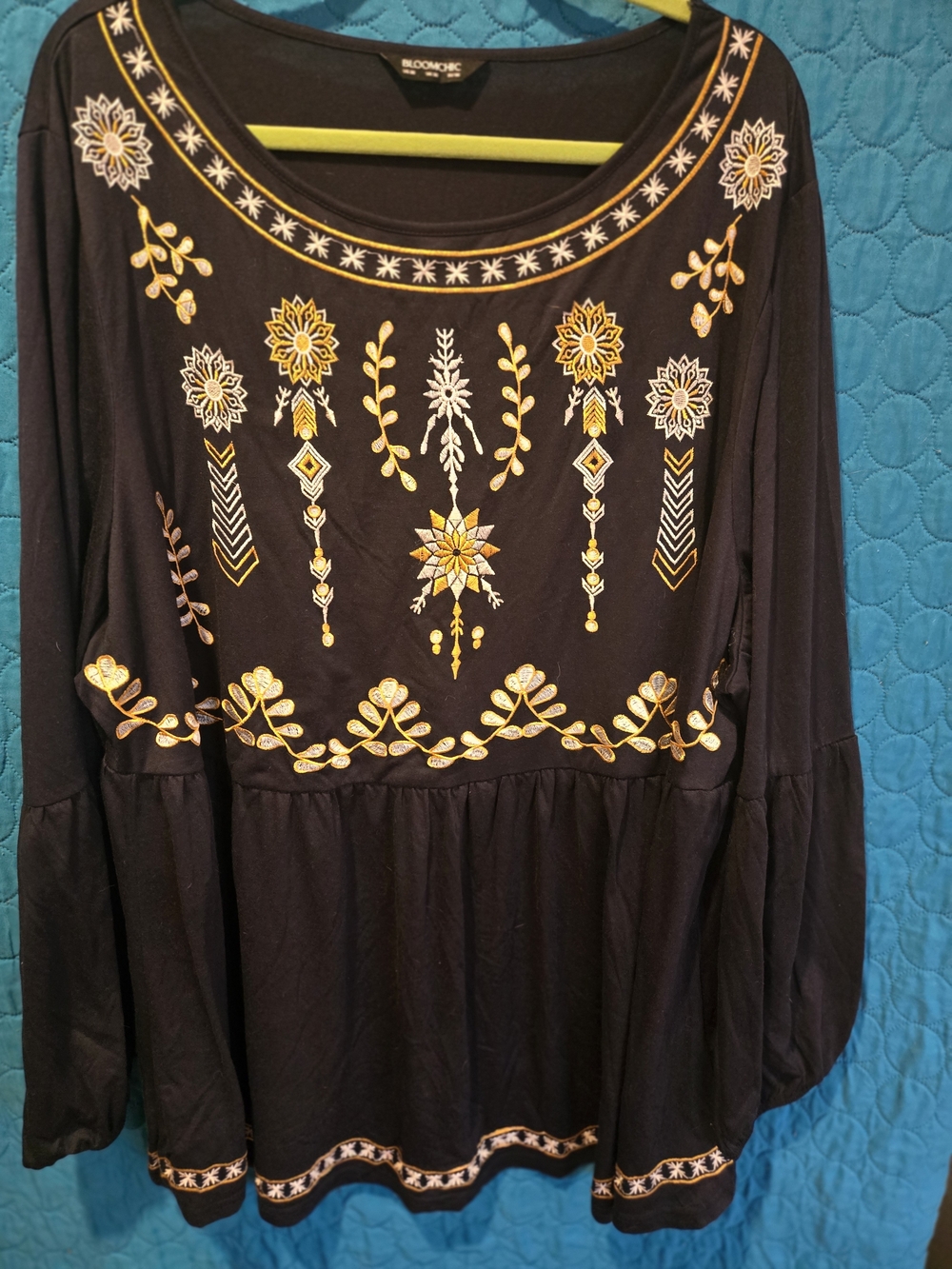 BloomChic Dark Blue Tunic with Gold Embroidered Folk Motifs